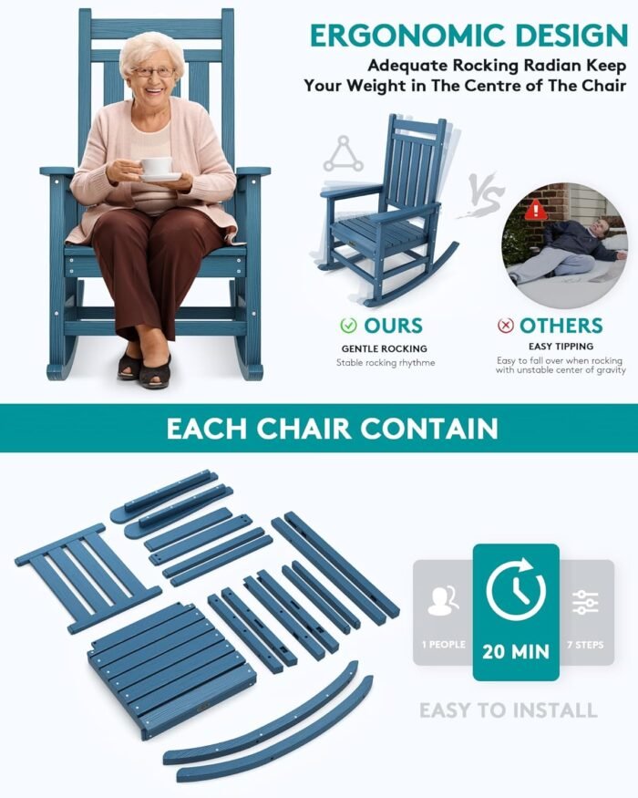 SERWALL HDPE Rocking Chair Set of 2, Outdoord Rocking Chairs for Adult, All Weather Porch Rockers for Lawn Garden, Navy - Image 5