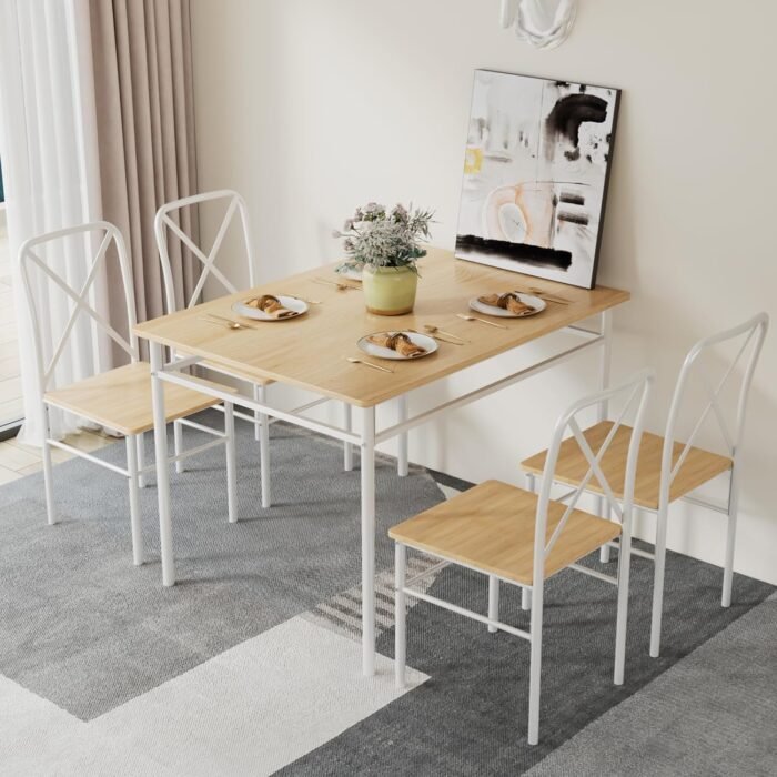 VECELO 5-Piece Kitchen Dining Table Set, Wood Tabletop & Heavy-Duty Metel Frame, Rectangle Dinette with 4 Chairs for Small Space, Breakfast Nook, Natural & White - Image 7
