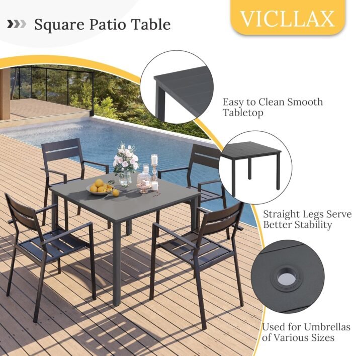 VICLLAX 40.2" Square Patio Dining Table for 4, Outdoor Table with Umbrella Hole, All Weather Metal Patio Table for Lawn Garden, Grey Tabletop - Image 4