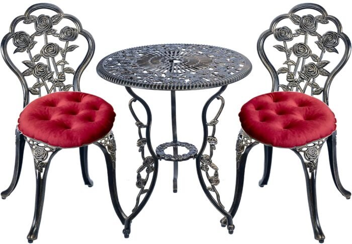 Mandolin Patio Table and Chairs,5 Piece Outdoor Dining Set,Rust-Resistant Cast Aluminum Bistro Set with Cushion.Rose Design (Copper)