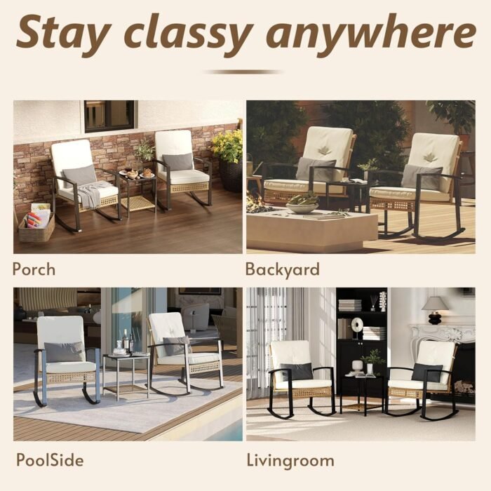3 Piece Patio Rocking Chairs Set of 2, Outdoor Rocking Chair Bistro Set with Tempered Glass Coffee Table and Thick Lumbar Pillow Set, Front Porch Chairs for Garden, Backyard, Poolside (Beige) - Image 6