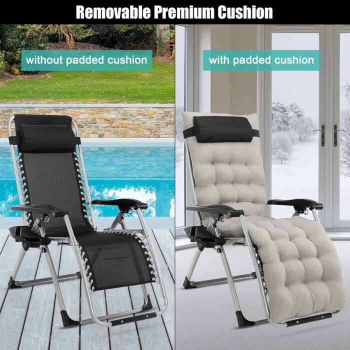 VINGLI Padded Zero Gravity Chair with Removable Cushion, Outdoor Recliner Chair with Cup Holder Lawn Chair Padded Patio Lounger Chair - Image 3