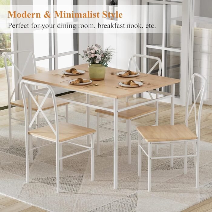 VECELO 5-Piece Kitchen Dining Table Set, Wood Tabletop & Heavy-Duty Metel Frame, Rectangle Dinette with 4 Chairs for Small Space, Breakfast Nook, Natural & White - Image 6
