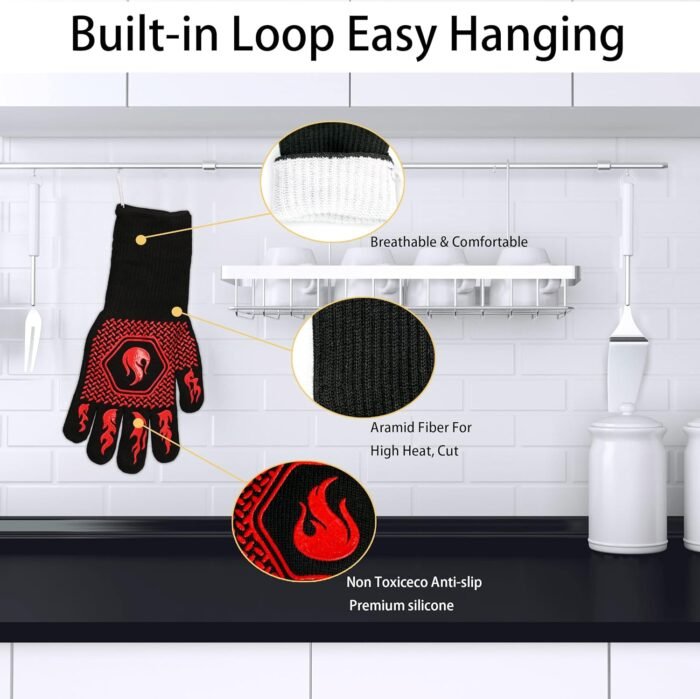 BBQ Fireproof Gloves, Grill Cut-Resistant Gloves 1472°F Heat Resistant Gloves, Non-Slip Silicone Oven Gloves, Kitchen Safe Cooking Gloves for Oven Mitts,Barbecue,Cooking, Frying,13.5 Inch-Red - Image 3