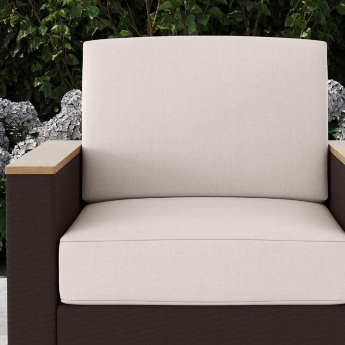 homestyles 6800-10 Palm Springs Outdoor Arm Chair with Cushion, Weatherproof Woven Wicker Rattan with Acacia Wood Accents, 1 Person, Beige/Brown - Image 4