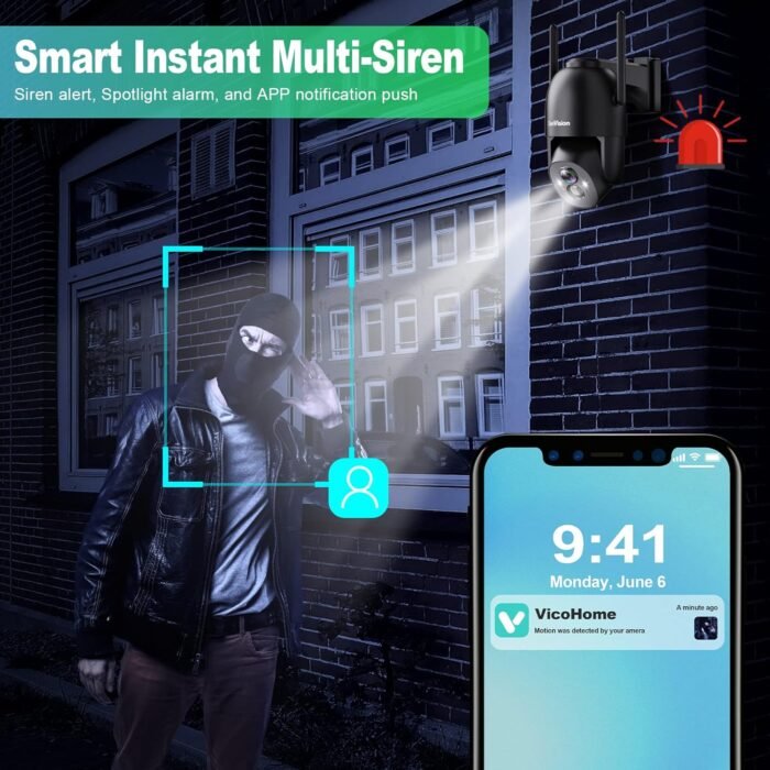 Solar Security Cameras Wireless Outdoor, 2K Battery Powered PTZ WiFi 3MP Security Camera for Home with Spotlight, PIR Motion Detection,Siren, Color Night Vision, 2-Way Talk, SD/Cloud Storage - Image 5