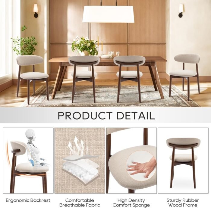 COLAMY Wooden Dining Chairs Set of 6, Modern Fabric Upholstered Dining Room Chair, Farmhouse Kitchen Side Chairs with Foot Pegs, Beige - Image 4
