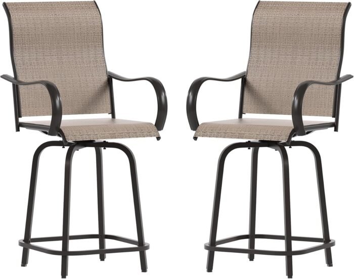 UDPATIO Patio Swivel Bar Stools Chair of 2, Outdoor Bar Height Set, All Weather High Back and Armrest Patio Stools & Bar Chairs for Backyard, Lawn Garden, Balcony and Pool, Brown