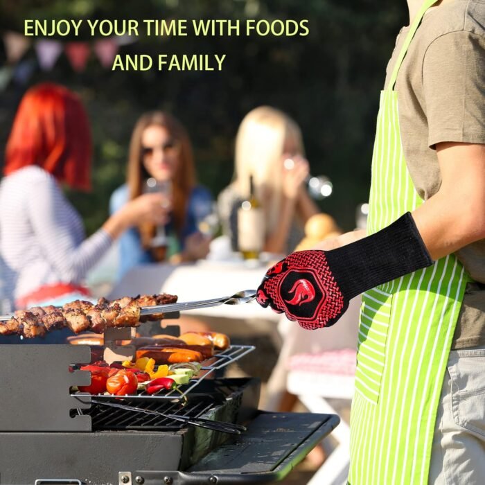 BBQ Fireproof Gloves, Grill Cut-Resistant Gloves 1472°F Heat Resistant Gloves, Non-Slip Silicone Oven Gloves, Kitchen Safe Cooking Gloves for Oven Mitts,Barbecue,Cooking, Frying,13.5 Inch-Red - Image 6