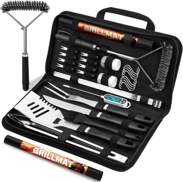 31pcs Stainless Steel BBQ Grill Accessories Set for Men Dad, Heavy Duty Grilling Tools for Outdoor Camping, BBQ Utensils Kit with Mats, Grill Brush in Carrying Bag Black