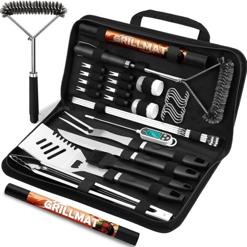 31pcs Stainless Steel BBQ Grill Accessories Set for Men Dad, Heavy Duty Grilling Tools for Outdoor Camping, BBQ Utensils Kit with Mats, Grill Brush in Carrying Bag Black
