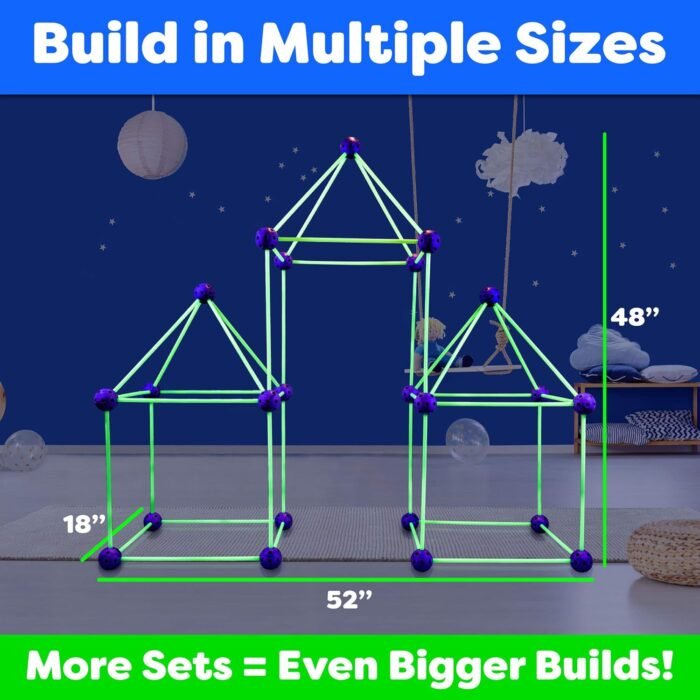 Fun Forts Glow Fort Building Kit for Kids - 81 Pack Glow in The Dark STEM Building Toys Indoor Outdoor Play Tent for Kids Construction Toys with 53 Rods and 28 Spheres - Image 5