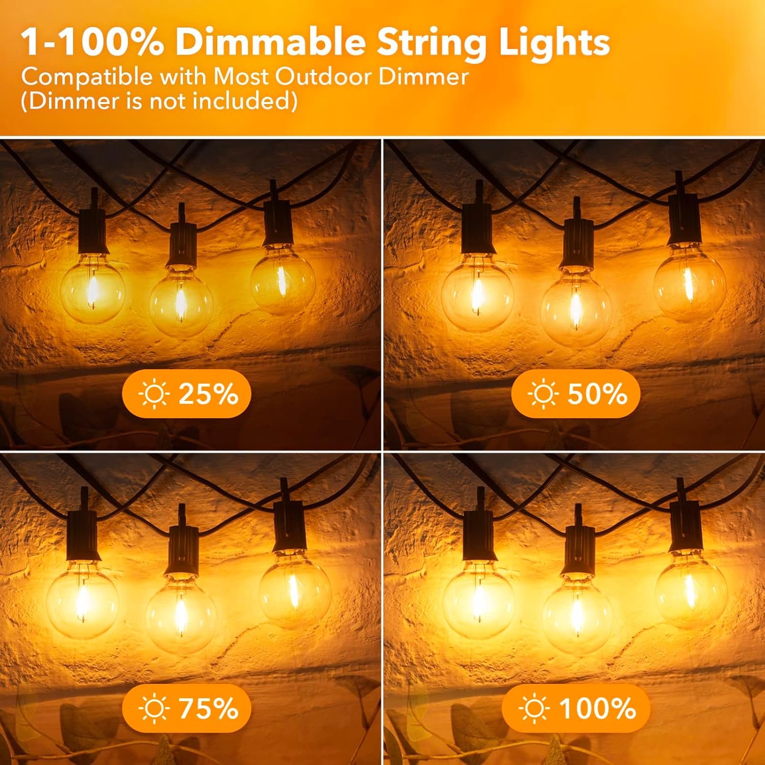 Brightown Outdoor String Lights - Connectable Dimmable LED Patio String Lights with G40 Globe Plastic Bulbs, All Weatherproof Hanging Lights for Outside Backyard Porch (50 ft - 25 LED Bulbs) - Image 4