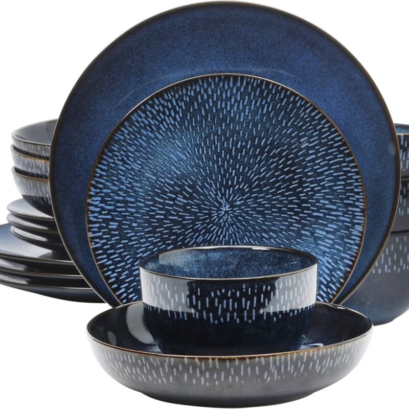 Gibson Elite Matisse 16 Piece Double Bowl Dinnerware Set, Cobalt Blue, Service for 4 (16pcs)