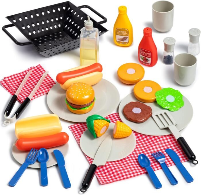 27 PCS Kids BBQ Grill Playset Backyard Barbecue Play Grill Toy Set for Toddlers, Play Food Sets for Kids Kitchen