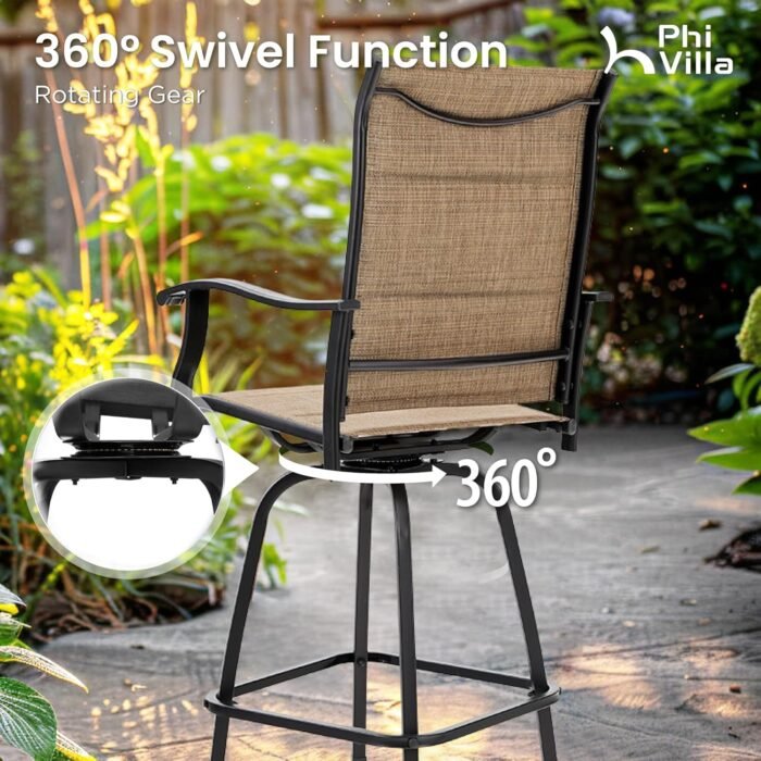 PHI VILLA Outdoor Swivel Bar Stools Set of 2, High Top Patio Chairs with Padded Textilene Seating, All-Weather Bar Height Furniture for Kitchen or Outside, Padded Brown Textilene - Image 5