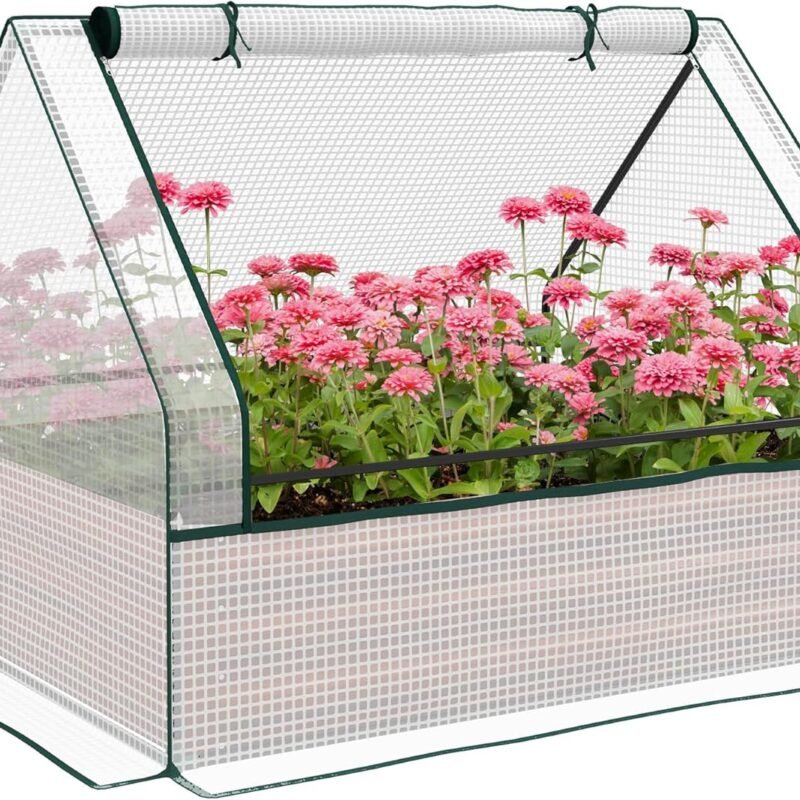 Outsunny 4 x 3 x 1ft Raised Garden Bed with Mini Greenhouse, Galvanized Outdoor Planter Box with Cover, for Herbs and Vegetables, Use for Patio, Garden, Balcony, White Cover and Brown Planter