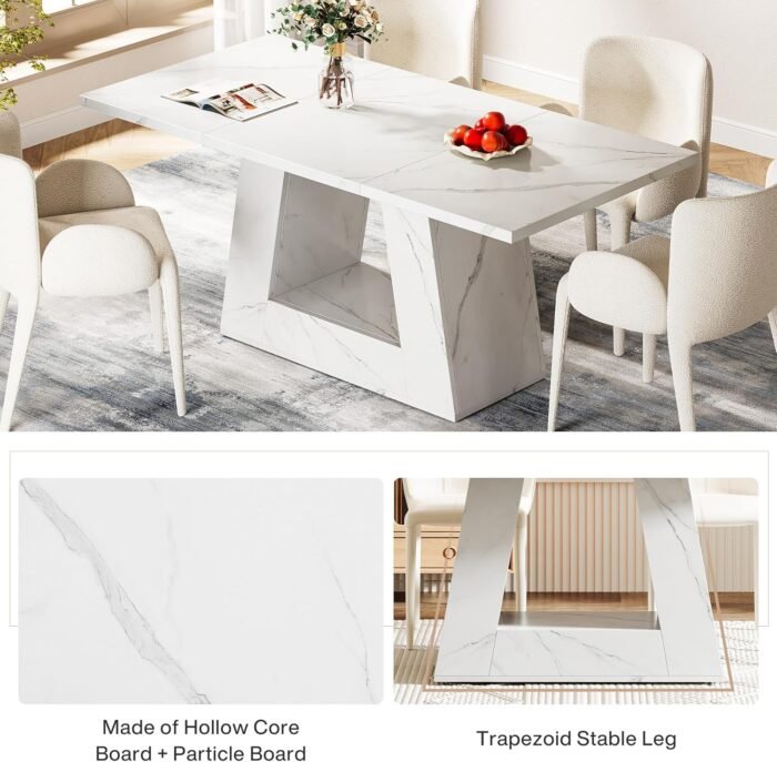 Tribesigns Dining Table for 4 to 6 People, 63" Rectangular Dining Room Table, Modern Wooden Faux Marble Dinner Table with Sturdy Base for Kitchen, Living Room - Image 6