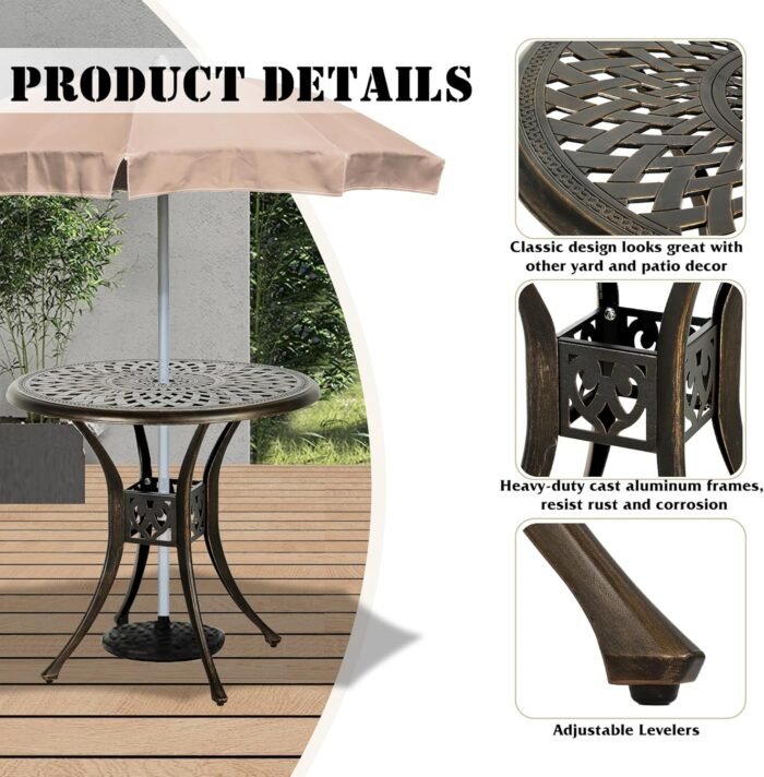 31in Round Cast Aluminum Patio Bistro Table, Outdoor Dining Table with 2" Umbrella Hole, Weather-Resistant Table for Porch, Backyard, Garden, Balcony, Bronze (31" Round Table) - Image 5