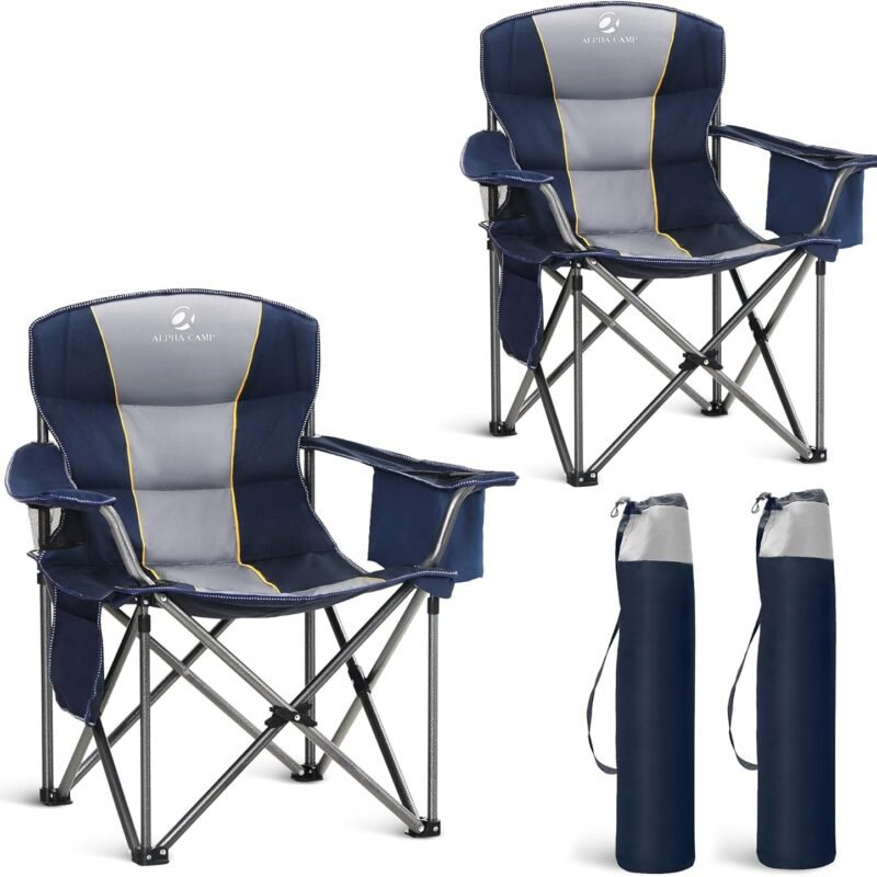 LET'S CAMP Folding Camping Chair Oversized Heavy Duty Padded Outdoor Chair with Cup Holder Storage and Cooler Bag, 450 LBS Weight Capacity, Thicken 600D Oxford,2 Pack