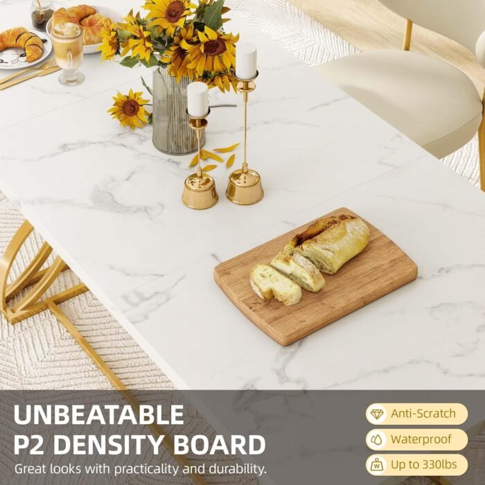 DWVO 70.3" Large Modern Dining Table for 6-8 People Rectangular White Kitchen Dining Room Table with Faux Marble Tabletop and Gold Geometric Metal Legs Farmhouse Wood Dinner Tables, White and Gold - Image 3