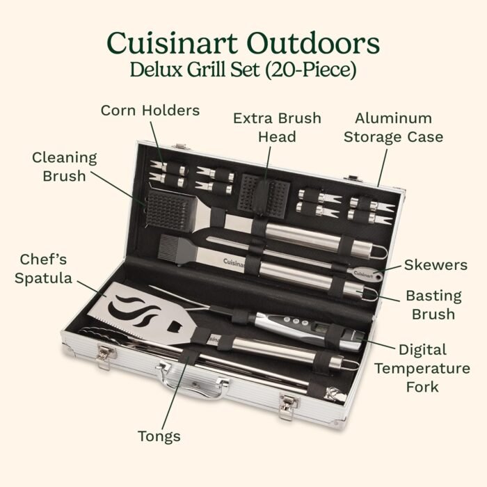 Cuisinart Deluxe Grill Tool Set, 20-Piece BBQ Kit with Aluminum Case and Digital Temperature Fork, Spatula, Tongs, Grill Accessories and Utensils, Grilling Set for Cookout - Image 2