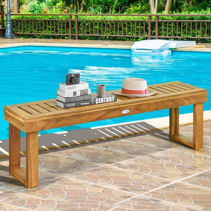 Tangkula 52 Inches Acacia Wood Outdoor Bench, Wood Bench for Dining Room Entryway Poolside Garden, Patio Backless Dining Bench with Slatted Seat, Ideal for Outdoors & Indoors (2, Teak) - Image 2