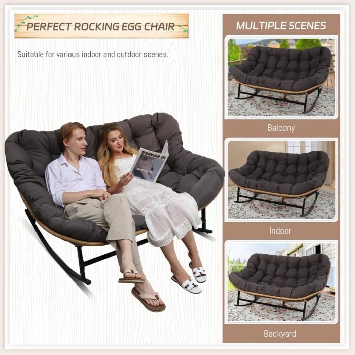 BULEXYARD Dark Grey Double Outdoor Rocking Papasan Chair, Oversized PE Wicker 2 Person Patio Rocking Egg Chair with Thick Cushion, Large Indoor Rocker Loveseat Chair - Image 8