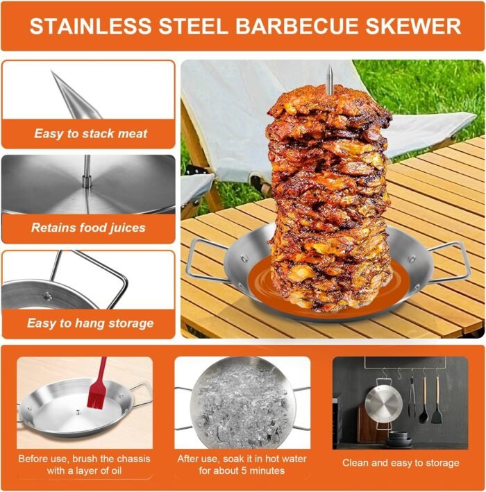 Al Pastor Skewer for Grill, Stainless Steel Vertical Skewer, Brazilian Vertical Spit Stand with 3 Removable Spikes(8”/10"/12”)& Brushes, for Tacos Al Pastor, Shawarma Kebabs Smoker Oven BBQ Dishes - Image 3