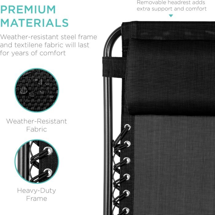 Best Choice Products Set of 2 Adjustable Steel Mesh Zero Gravity Lounge Chair Recliners w/Pillows and Cup Holder Trays - Black - Image 7
