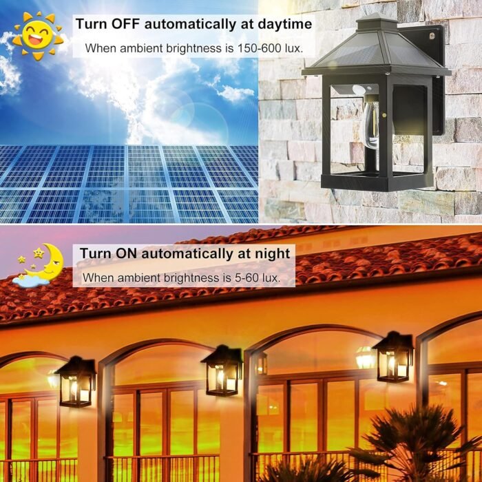 2 Pack Solar Wall Lanterns Outdoor with 3 Modes, Dusk to Dawn Motion Sensor LED Sconce Lights IP65 Waterproof, Exterior Front Porch Security Lamps Wall Mount Patio Fence Garage Decorative - Image 2