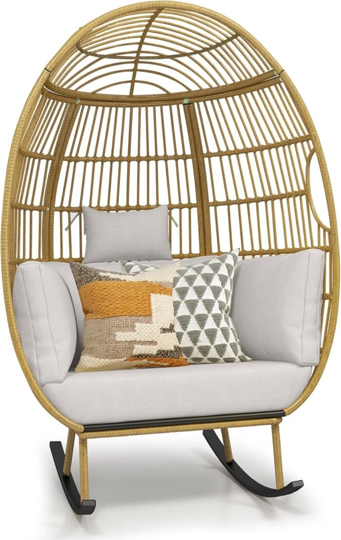 DWVO Outdoor Rocking Egg Chair, Patio Rocking Chair Oversized, 370lb Capacity, Anti-Slip, All-Weather Wicker Egg Lounger Chair for Indoor, Outside (Grey) - Image 8