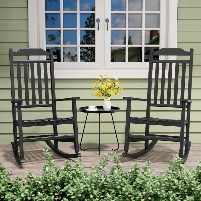 Rocking Chair Outdoor Set of 2,Black Wooden Patio Oversized Rocking Chairs,All Weather High Back Freestyle Porch Rocker Chairs for Lawn Garden Fire Pit Backyard Deck Indoor