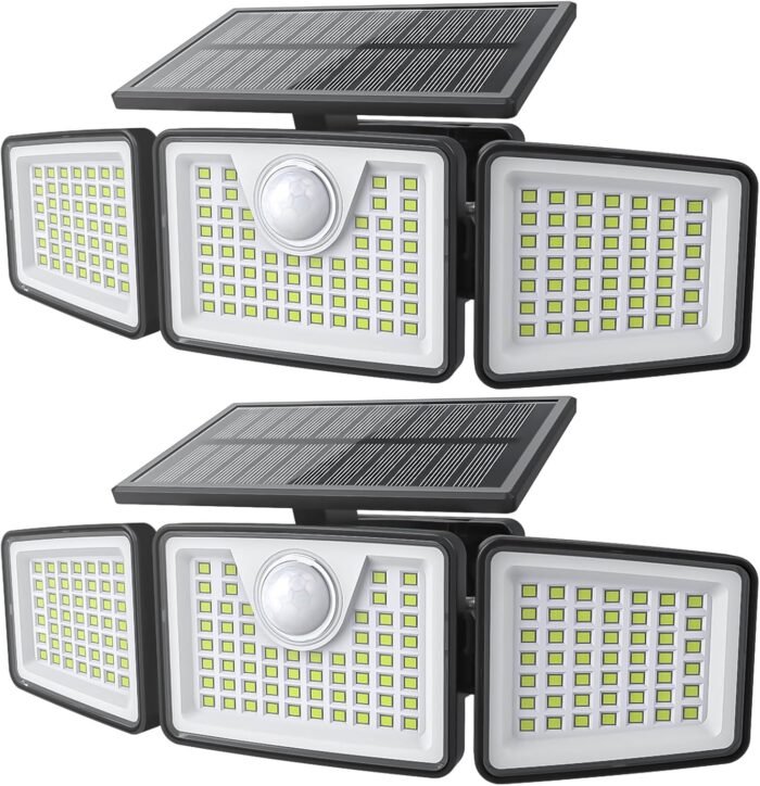Solar Lights Outdoor 2500LM Motion Sensor Outdoor Lights,3 Head 355° Wide Angle Street Area Lights, Waterproof Security Lights with 3 Modes(Non-Remote,2 Pcs)