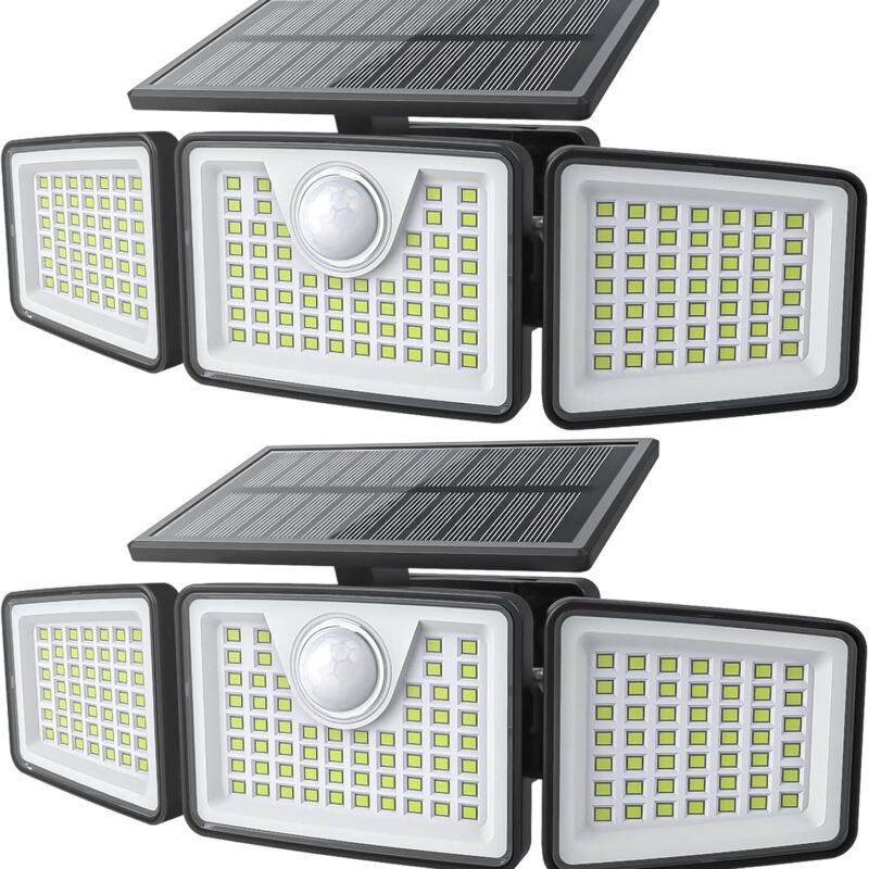 Solar Lights Outdoor 2500LM Motion Sensor Outdoor Lights,3 Head 355° Wide Angle Street Area Lights, Waterproof Security Lights with 3 Modes(Non-Remote,2 Pcs)