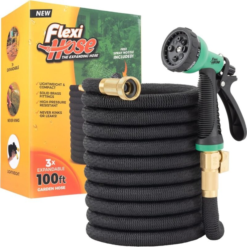 Flexi Hose Lightweight Expandable Garden Hose, No-Kink Flexibility, 3/4 Inch Solid Brass Fittings and Double Latex Core (100 FT, Black)