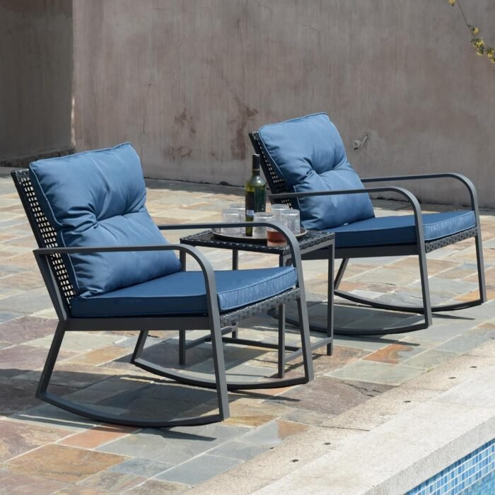Patio Rocking Chair Outdoor Bistro Set (Dark Blue, 3PIECES) - Image 3