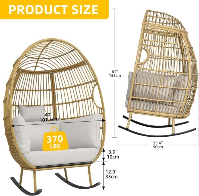 DWVO Outdoor Rocking Egg Chair, Patio Rocking Chair Oversized, 370lb Capacity, Anti-Slip, All-Weather Wicker Egg Lounger Chair for Indoor, Outside (Grey) - Image 2