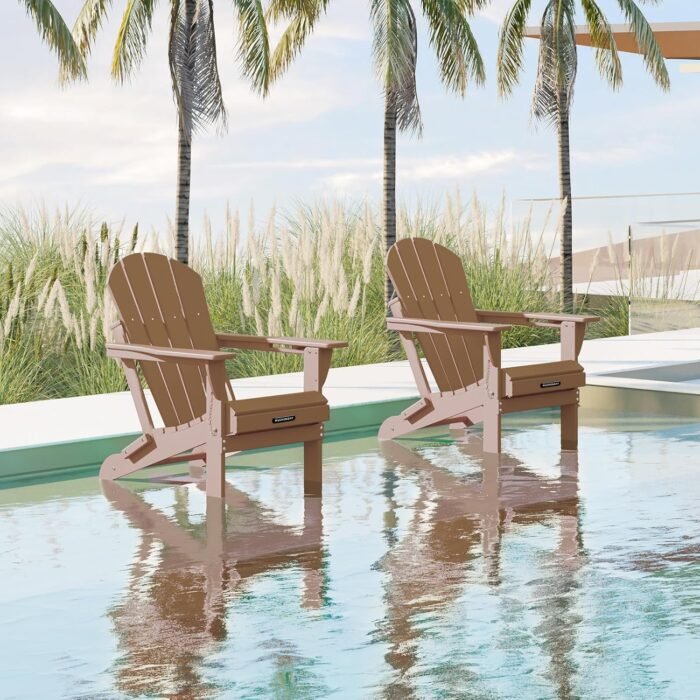 MUCHENGHY Folding Adirondack Chairs, Patio Chairs, Lawn Chairs, Outdoor Chairs, Adirondack Chair Plastic, Fire Pit Chairs, Weather Resistant with Cup Holder for Deck, Backyard, Garden(Teak) - Image 7