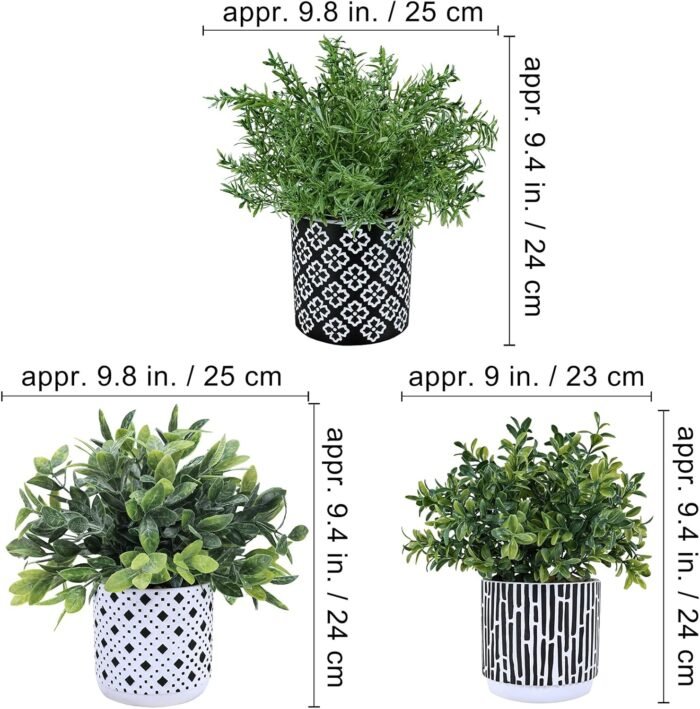 Winlyn 3-Pack Artificial Potted Plants - Faux Eucalyptus, Rosemary, Boxwood Greenery in Small Black & White Geometric Concrete Pots -Desk, Table, Shelf, Windowsill Decor for Indoor Outdoor Home Office - Image 4
