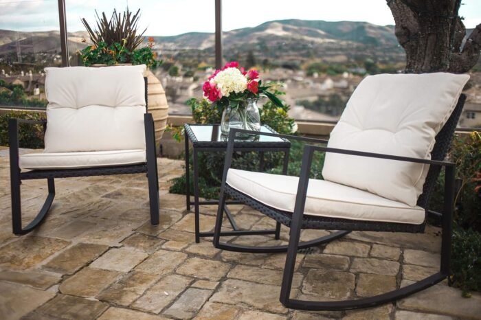 SUNCROWN 3 Piece Outdoor Rocking Bistro Set Black Wicker Furniture Porch Chairs Conversation Sets with Glass Coffee Table, Beige - Image 2