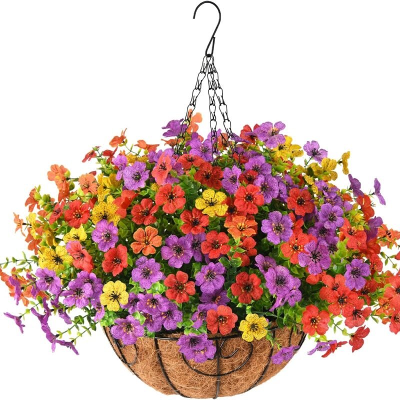 Artificial Faux Hanging Plants Flowers Basket for Spring Outdoor Decoration, Fake Silk Daisy in Planter Realistic UV Resistant Look Real for Porch Home Patio Balcony Yard(Multicolor)