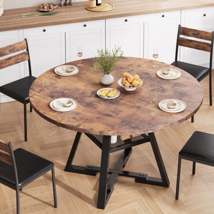 Round Dining Table for 4, Kitchen Table, Dining Table, Circle Table, Round Pedestal Dining Table, Dining Room Table, Dinner Table,Space Saving Wood Kitchen & Dining Room Tables, 47In, Rustic Brown - Image 3