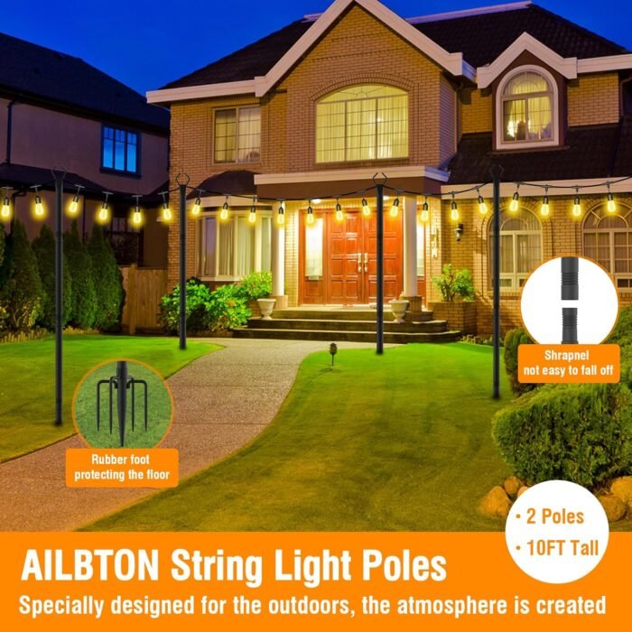 AILBTON 2 Pack 10Ft String Light Poles,Light Poles for Outside String Lights,Outdoor Light Poles with Fork,Metal Poles Stand for Patio,Backyard,Deck - Image 2