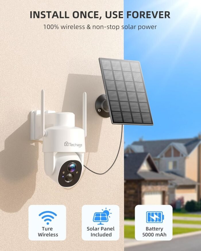 Solar Security Cameras Wireless Outdoor, 2K WiFi Cameras for Home Security, 360° PTZ Surveillance Camera with PIR, Color Night Vision, 2-Way Talk, IP66 Waterproof, SD/Cloud, Work with Alexa (2 Pack) - Image 2