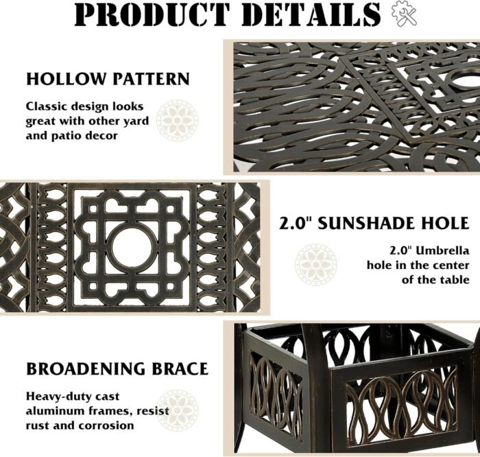 35.4in Square Cast Aluminum Patio Bistro Table, Outdoor Dining Table with 2" Umbrella Hole, Weather-Resistant Table for Porch, Backyard, Garden, Balcony, Bronze (35.4" Square Table) - Image 5