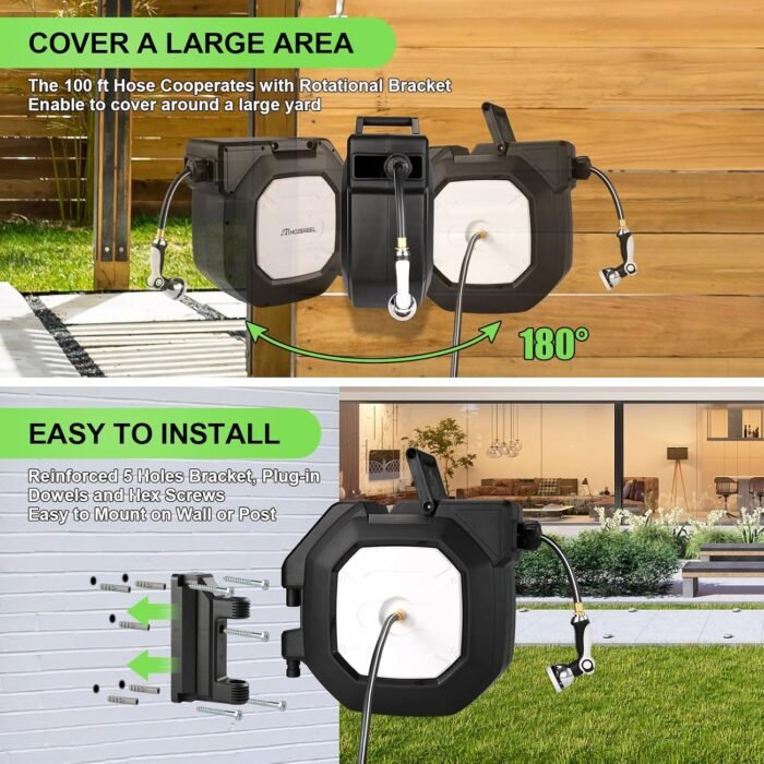 5/8" x 100 ft Heavy Duty Retractable Garden Hose Reel by HOZEREEL, Outdoor Garden Hose Reels - Self Retract Wall Mount Hose Reel Automatic Storage, Any Length Lock, 10 Pattern Nozzle - Image 3