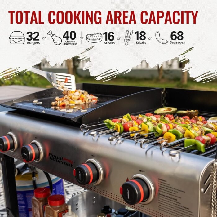 Royal Gourmet GD403 4-Burner Propane Gas Grill and Griddle Combo with Folding Legs, 48,000 BTUs, Portable Griddle Grill Combo for Outdoor Cooking While Camping or Tailgating, Black & Silver - Image 5