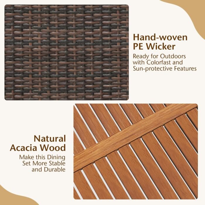 7 Pieces Patio Wicker Dining Set Outdoor Dining Set, Patio Furniture Set with Acacia Wood Table and Chairs, Garden Dining Table Set for Desk, Poolside, Backyard (Brown) - Image 2