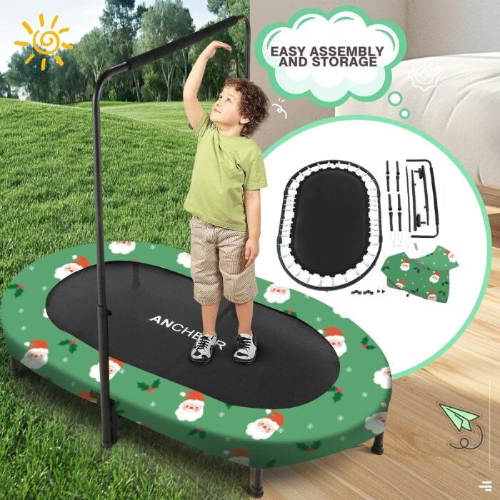 Kids Indoor Trampoline, ANCHEER 56" Foldable Mini Trampoline with 5 Level Adjustable Handle Bar, Double Trampoline for Kid and Adults 220lbs Max Load - Image 3